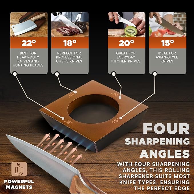 Rolling Knife Sharpener - 400/1000/3000 Grit Diamond & Ceramic Discs Leather Strop & Anticut Gloves | Knife Sharpener for All Knives