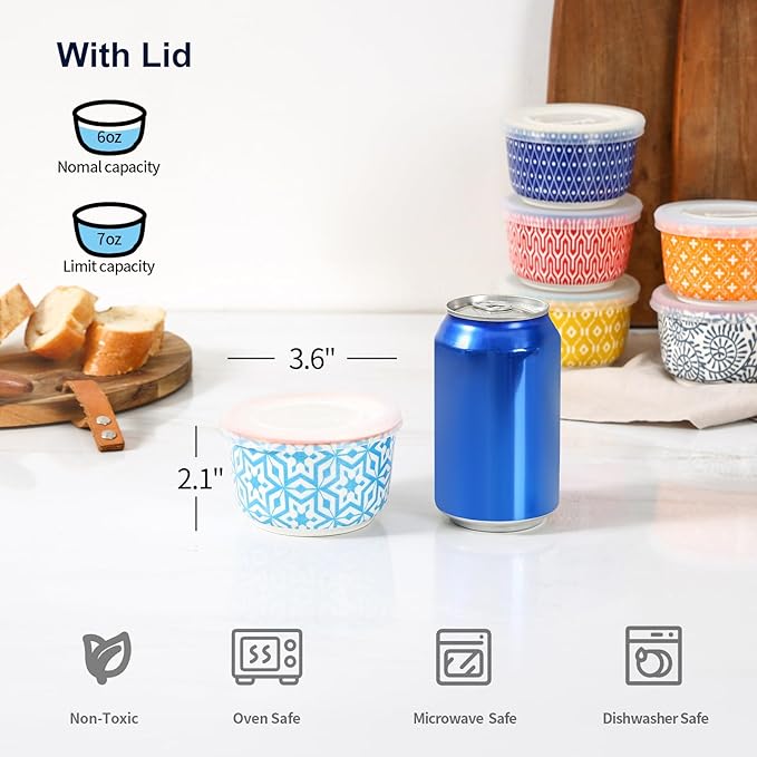 Selamica 6 oz Ramekins with Lids Oven Safe, Creme Brulee Ramekins Souffle Dishes with Covers, Pudding Custard Cups Stackable Ceramic Mini Ramekin Bowls Set for Baking, Dipping, Set of 6, Assorted Colors