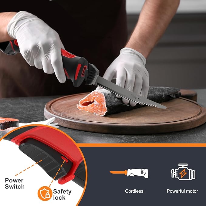 VLOXO Electric Fillet Knife-Cordless Electric Carving Knife with 2 Stainless Steel Blades Safety Lock Non-Slip Grip Rechargeable Electric Knives for Meat Slicing Turkey Bread Fish Includes Storage Case