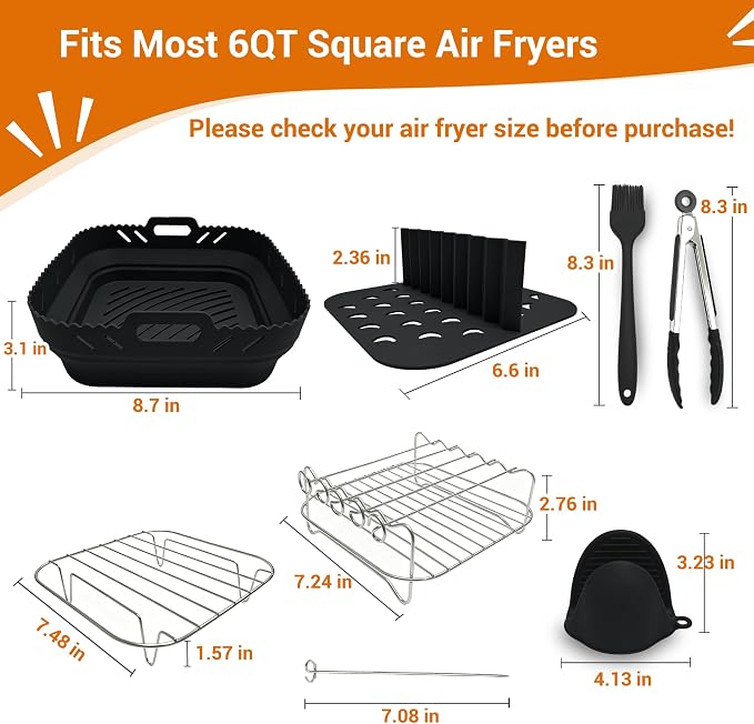 Air Fryer Accessories 8-Piece Set, Silicone Liners with Metal Rack, Skewers, Tongs & Gloves for 6QT Square Basket Air Fryer, Dishwasher Safe