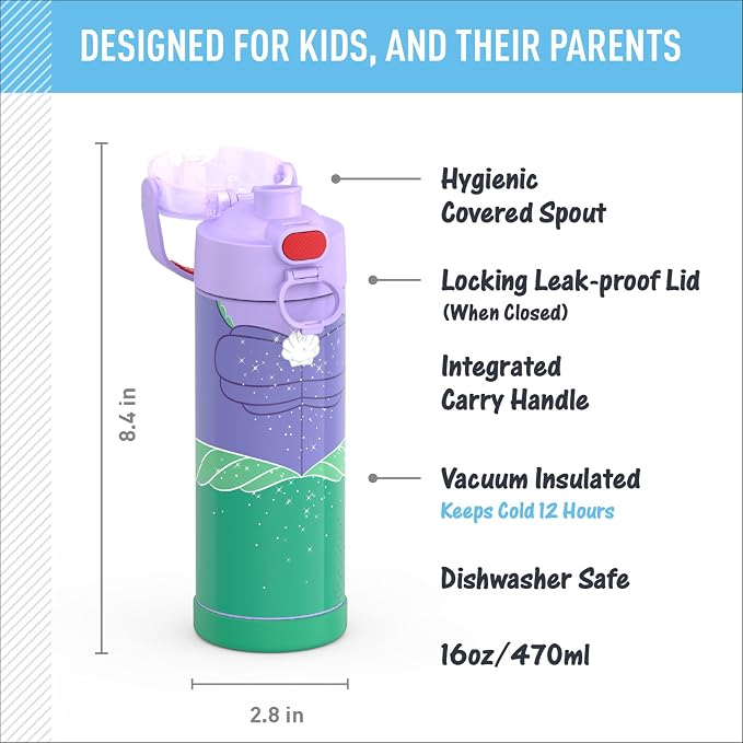 THERMOS FUNTAINER 16 Ounce Stainless Steel Vacuum Insulated Bottle with Wide Spout Lid, Princess Ariel
