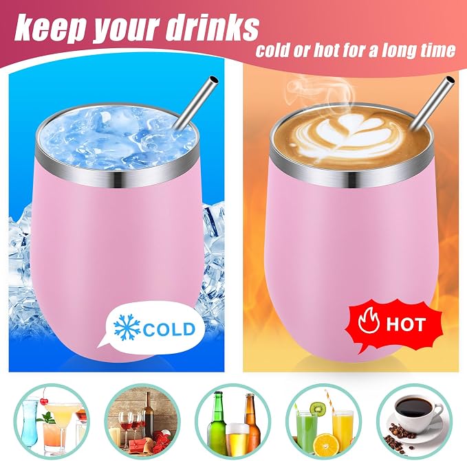 Remagr 16 Pack Stainless Steel Wine Tumblers 12 oz Insulated Vacuum Wine Cup Set Double Wall Stainless Steel Stemless Mug Glasses for Coffee Soda Whiskey Outdoor Travel (Pink)