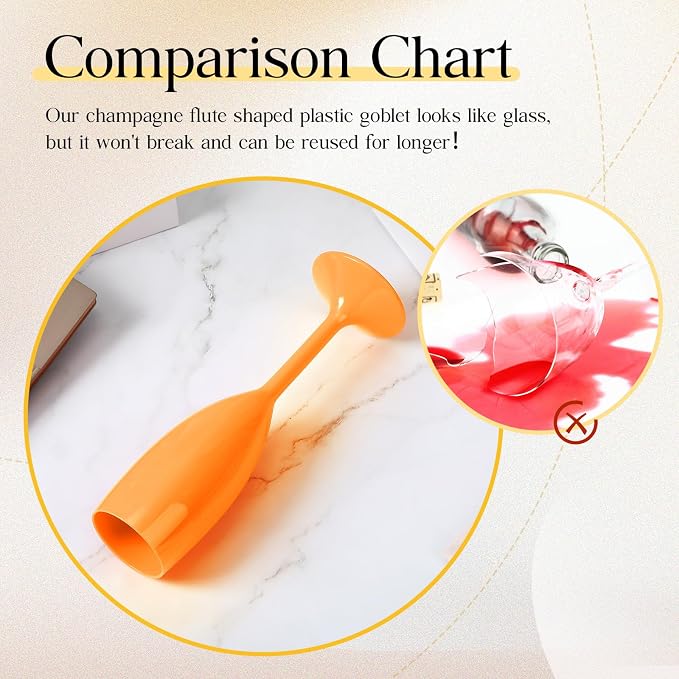 Maxcheck 24 Pcs Champagne Flutes Bulk Acrylic Toasting Drinking Flute Unbreakable Goblet Champagne Cups 6 oz Plastic Wine Glasses for Mother's Day Wedding Bridal Shower Anniversary Party (Orange)