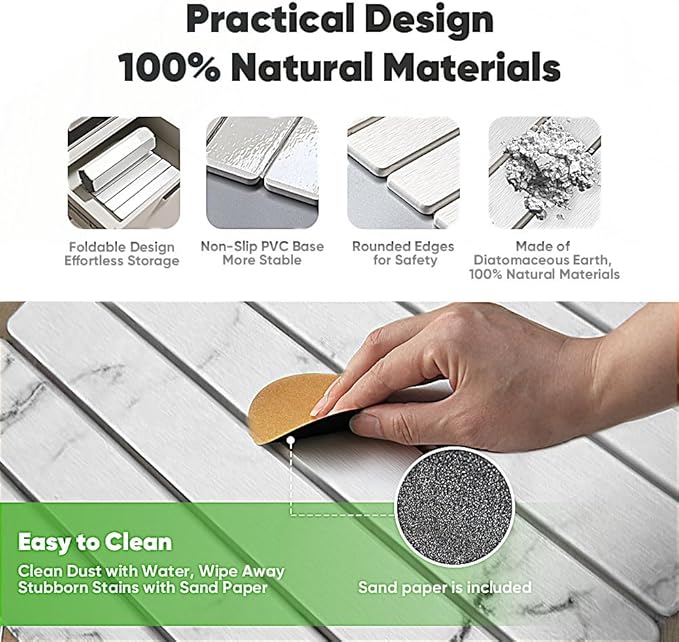 Stone Drying Mat for Kitchen Counter, Quick Diatomaceous Earth Mats for Dishes, 23.6"L x 15.7" W Super Absorbent Fast-Drying Collapsible Countertop Stone Mat (Marble White, 24" x 16")