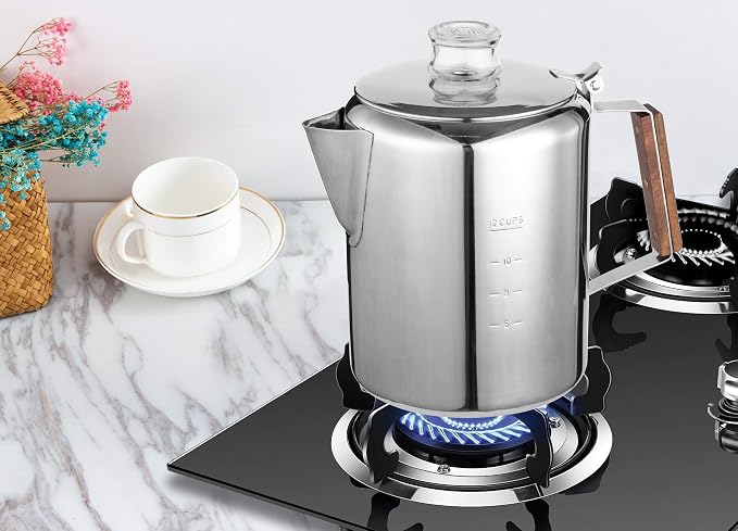 Tops 55705 Rapid Brew Stovetop Coffee Percolator, Stainless Steel, 2-12, 12-Cup, No Color