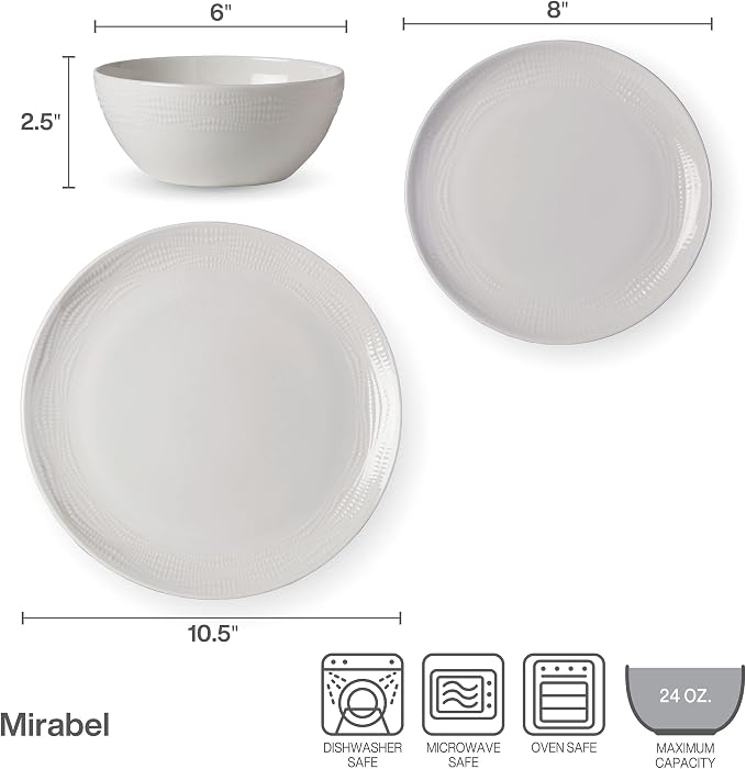 Mikasa Mirabel Vegan Bone China Chip Resistant 12 Piece Dinnerware Set, Service for 4