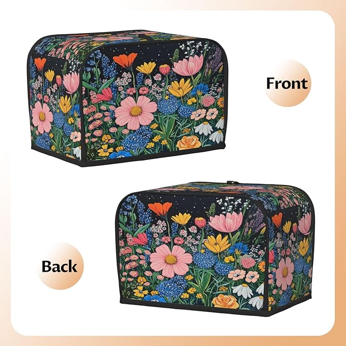 2 Slice Toaster Cover for Kitchen Wildflower Art Floral Black aterproof and Dustproof Toaster Dust Cover with Side Pockets Decorative Universal Cover for Wide Slot Toasters and Small Appliances