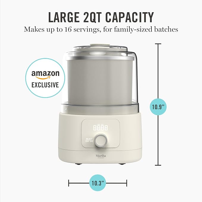 Martha Stewart Ice Cream Maker, 2 Quart Double-Insulated Freezer Bowl, Sorbet & Frozen Yogurt, Ready in 20 Minutes, Mix-Ins Chute, Easy to Clean, Linen Cream