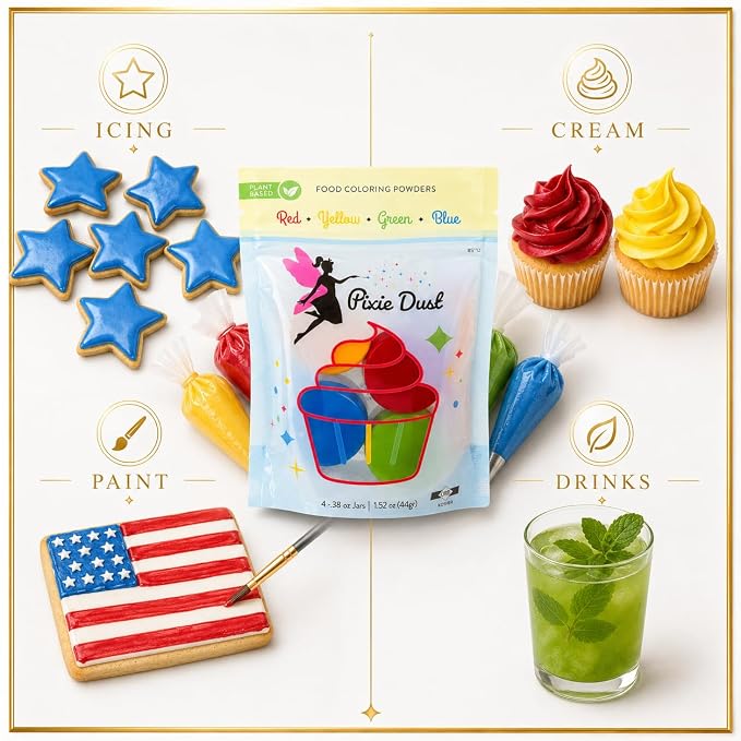 Pixie Dust Natural Food Coloring Powder Set of 4, Red, Yellow, Blue, Green, Dye Free Plant Based Cake Decorating Colors for Icing, Frosting & Drinks, Flavorless, Kosher, Vegan, Non Toxic, .38 oz Each Color 1.5 oz - 44gr