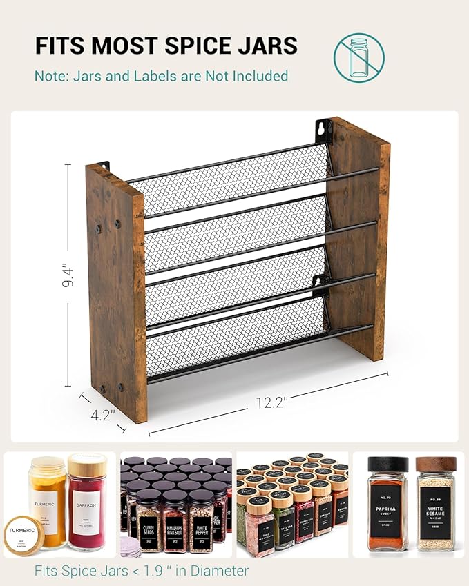 NESAPTO Spice Rack Organizer for Cabinet, Wood 4-Tier Vertical Seasoning Organizer, Wall Mount or Countertop Spice Shelf, Holds 24 Jars (No Jars Included), 12.2" W x 9.4" H
