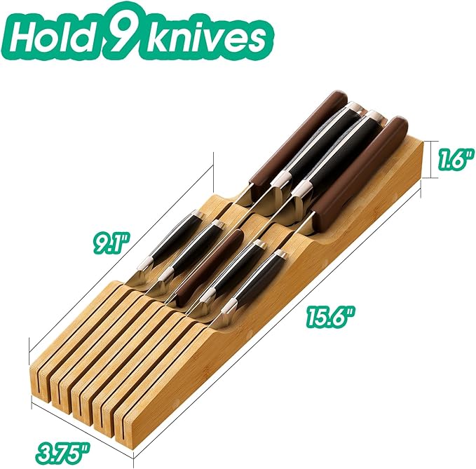 Knife Drawer Organizer, Bamboo Wood In-Drawer Knife Block, Knife Organizer Holds Up To 9 Knives