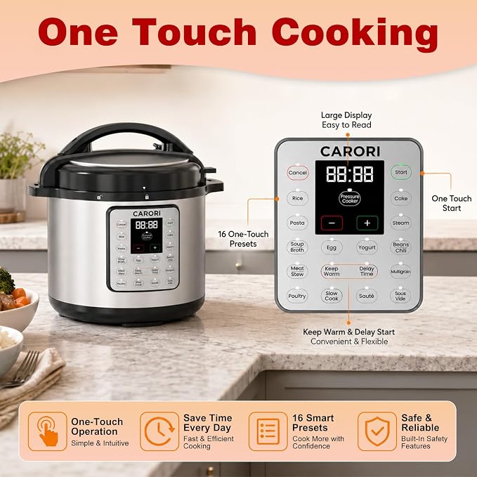Silver 8 Quart Pressure Cooker, 1200W Multi-Function Cooker with Sauté, Steam, Yogurt & Sterilize Functions Dishwasher Safe & Secure Venting.