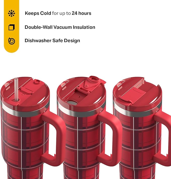 RTIC 40 oz Road Trip Tumbler Double-Walled Cermaic Lined Insulated Stainless Steel Portable Travel Coffee Mug Cup with Lid, Handle and Straw, Red Plaid