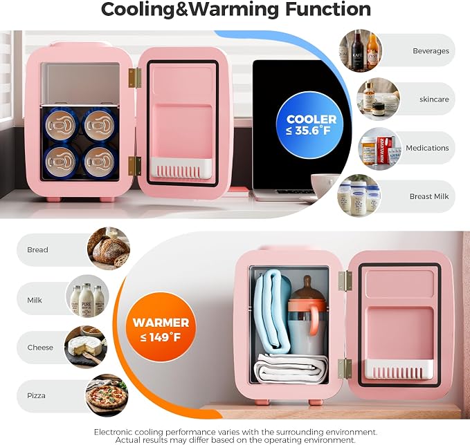 OSTBA Mini Fridge, 4 Liter/6 Can Mini Makeup Fridge, 110V AC/ 12V DC Portable Thermoelectric Cooler&Warmer for Skincare, Drink, Cosmetic, Medicine, Small fridge for Bedroom, Office, Dorm, Car, Pink