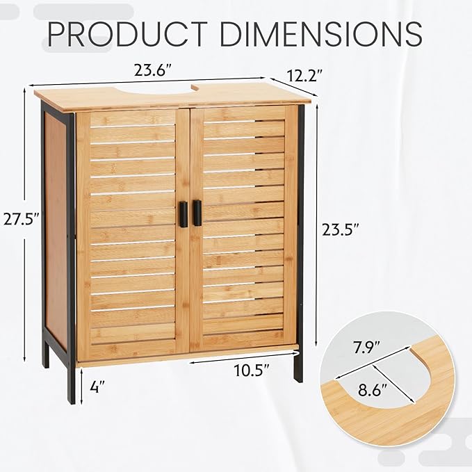 24" Bamboo Pedestal Under Sink Storage Vanity Cabinet, Solid Waterproof Sliding Door Bathroom Organizer with Adjustable Shelf, Modern Bathroom Furniture(Top Cutout, Not for Floor Drain)