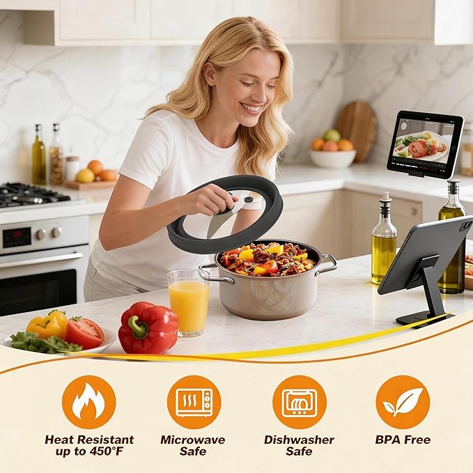Microwave Splatter Cover - 9.8" Glass Lid with Collapsible Silicone Rim, Universal Pot & Plate Cover for Mess-Free Heating (Black, 9.8inch)