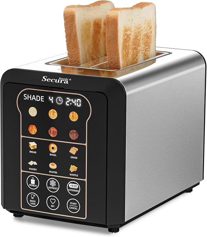 Secura Brands 2 Slice Automatic Toaster, Touch Screen Smart Toaster with Digital Timer, 6 Bread Types, 6 Browning Levels, Reheat/Defrost, +10s Extend, Custom Memory Settings for Home, RV, Office