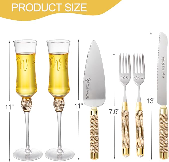 Wedding Cake Knife and Server Set, Gold Cake Cutting Set for Wedding, Mr and Mrs Champagne Flutes for Bridal Shower Gifts Engagement Gifts for Couples