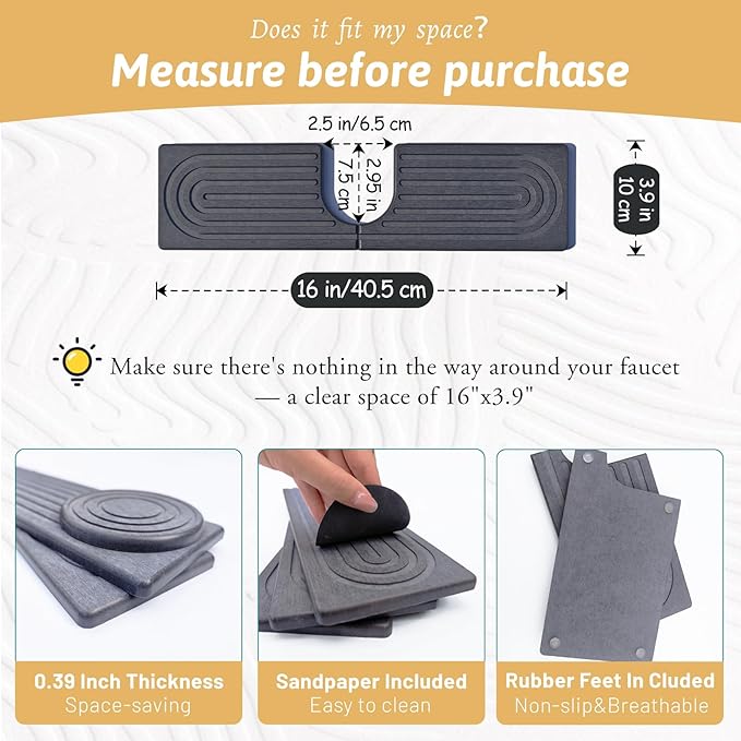 Kitchen Faucet Absorbent Mat with U-Shape Hole, 16" Diatomaceous Earth Splash Guard for Sink Faucet, Aesthetic Water Absorbing Stone Tray Draining Mat for Modern Home, Gift for Girlfriend, Dark Grey