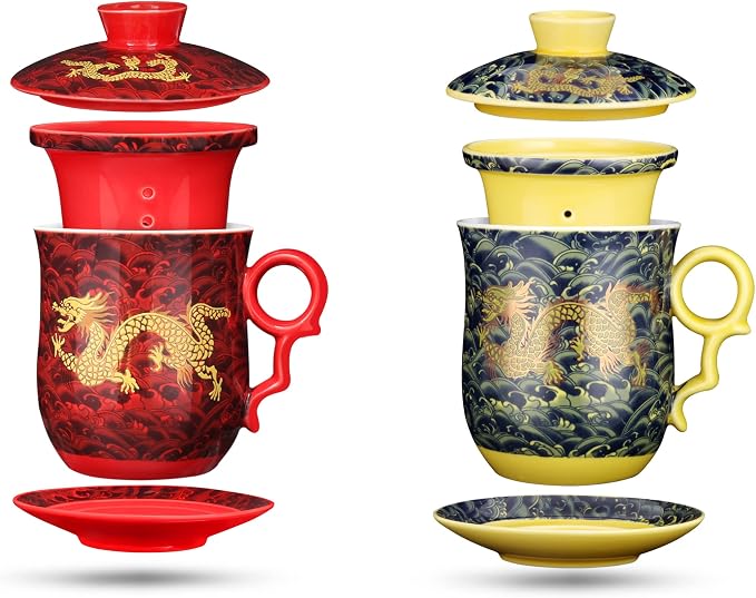 2 Pack - Ceramic Tea Cup with Infuser and Lid Tea Mugs Teaware with Filter and Coaster Porcelain Tea Steeping Mug - 13.5 oz / 400ml