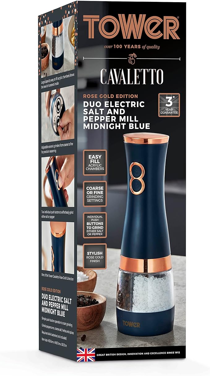 Tower T847004MNB Electric Salt and Pepper Mills, Battery Operated with Adjustable Ceramic Grinders, Midnight Blue and Rose Gold