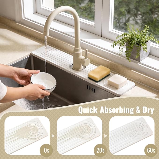 Hopegiver Stone Faucet Mat for Kitchen Sink - Fast Drying Diatomite Sink Protector Prevent Moisture, Super Water Absorbing Stone Tray for Kitchen & Bathroom Counter (White, 15.7"x3.9")