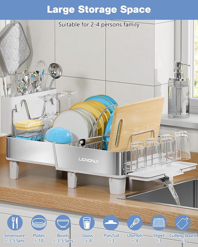 Dish Drying Rack, 304 Stainless Steel Expandable Dish Rack with Adjustable Drain Spout, Large Capacity Dish Drainer with Utensil Holder, Cup Holder and Cutting Board Rack for Kitchen Counter, White
