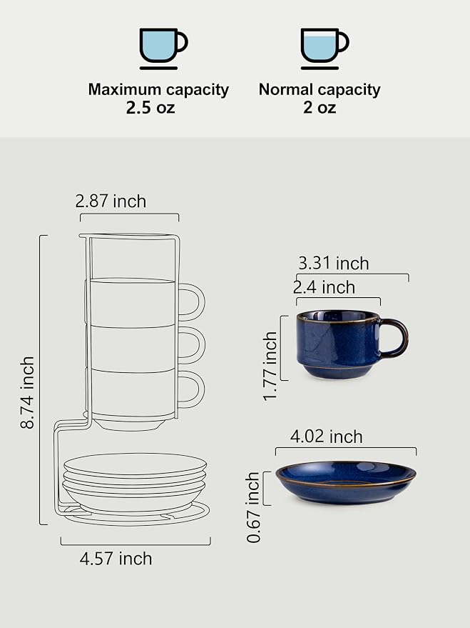 Gomakren 2.5 Ounce Espresso Cups Set of 4, Small Stackable Coffee Cups with Saucers and Metal Stand Father's Day Porcelain Demitasse Cups for Specialty Coffee Drinks, Espresso, Cappuccino, Cobalt Blue