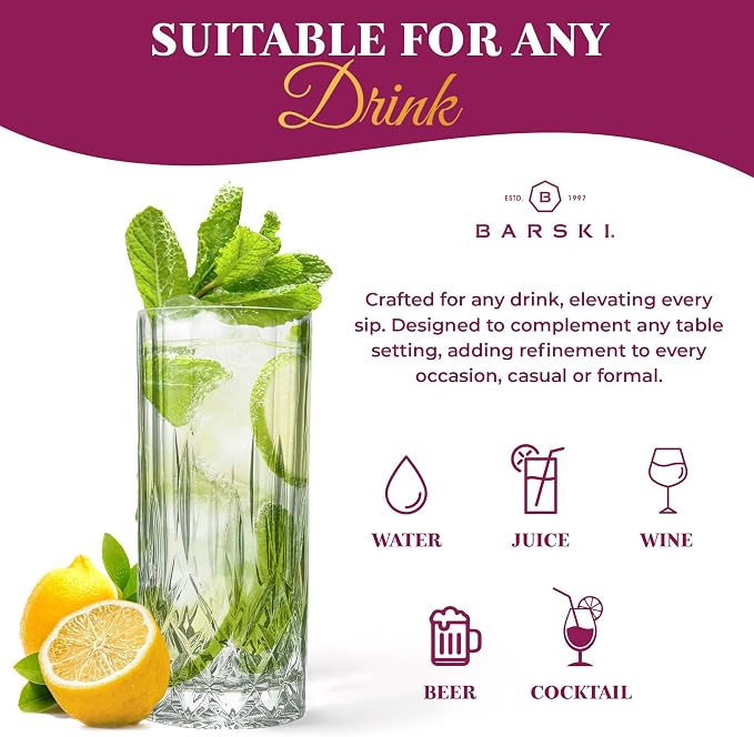 Barski Highball Glass - Drinking Glasses - Set of 2 - Hiball Tumblers - Glass Crystal Tumbler - for Water, Juice, Beer, Mixed Cocktails, Mojito Glass, Tom Collins Bar Glassware, 13 oz, Made in Europe