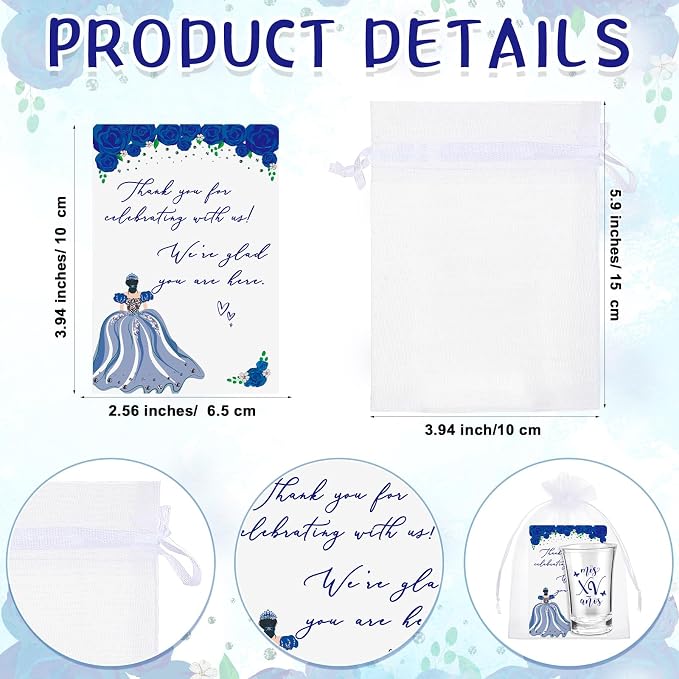 Havawish 25 Sets Quinceanera Party Favors for Guests Quinceanera Acrylic Clear Personalized Shot Glasses Thank You Cards with Organza Bags Mis Xv Años Sweet 15 Birthday Party Favors (Blue)