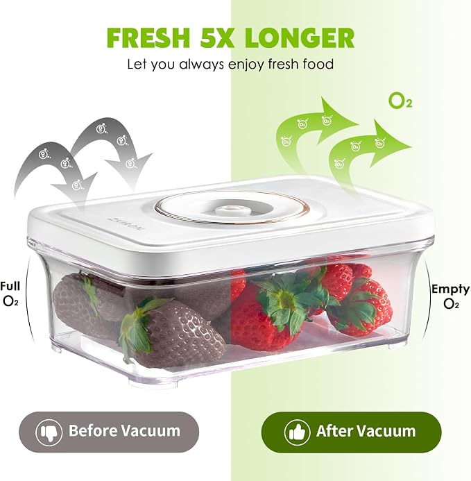 ZKIRON One-Touch Electric Vacuum Seal Food Storage Containers Set of 3 - Automatic Sealer Machine with Airtight Meal Prep Containers - BPA-Free & Stackable for Vegetables, Meat, Fruits (White)