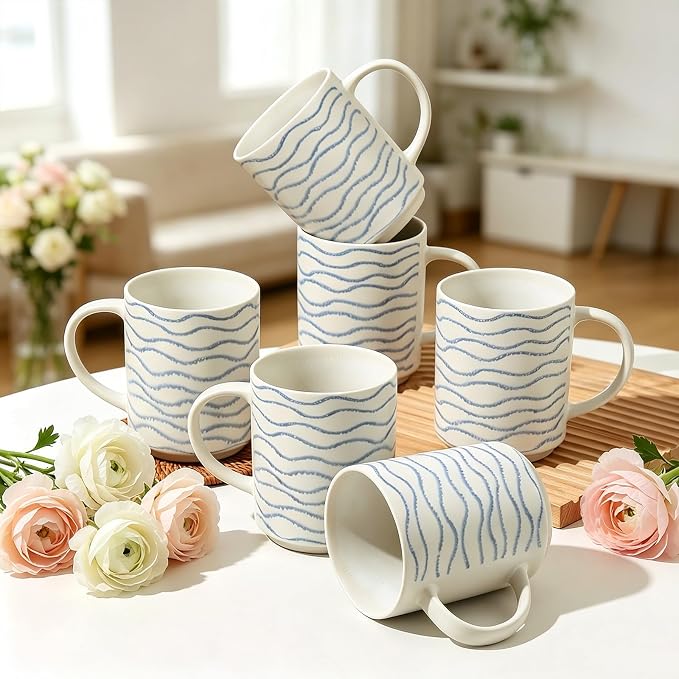 Coffee Mugs Set of 6, 17oz Ceramic Mugs with Handpainted Blue Gray Stripe Pattern, Modern Stackable Coffee Cups, Dishwasher and Microwave Safe Mugs for Home & Office (Wavy Pattern)