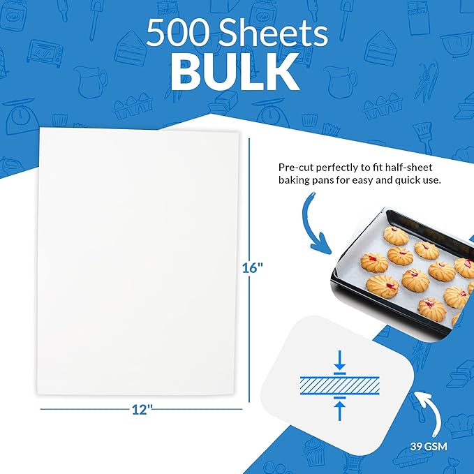 Reli. 500 Pcs Parchment Paper Sheets, 12x16 in. | White, Non-Stick, Pre-Cut Pan Liners | Baking, Air Fryer, Grilling