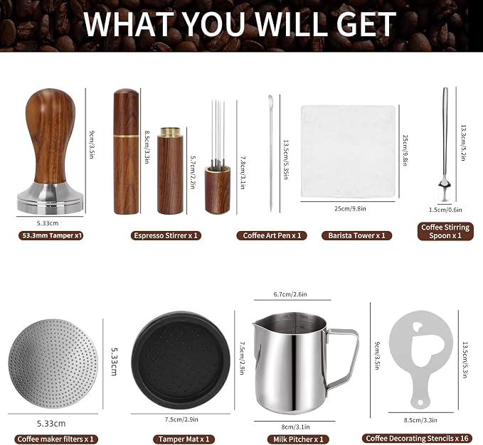 53.3mm Espresso Accessories Kit, 24PCS Coffee Tamper Set， WDT Tool,stainlesss Frothing Pitcher, Stirrer, Tamper Mat, Latte Art Pen Coffee puck screen