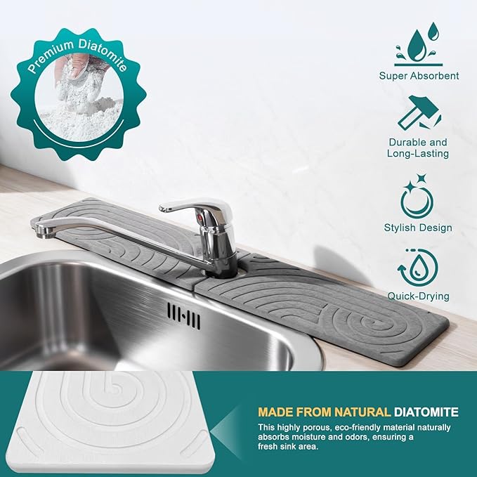 Hopegiver Stone Faucet Mat for Kitchen Sink - Fast Drying Diatomite Sink Protector Prevent Moisture, Super Water Absorbing Stone Tray for Kitchen & Bathroom Counter (Gray Line, 23.6"x5.1")