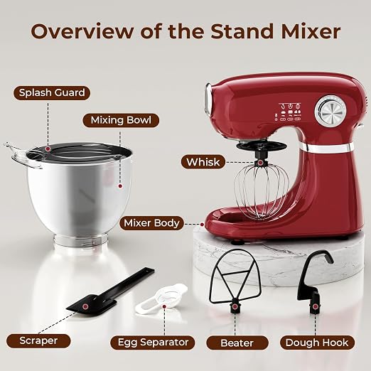 Electactic Stand Mixer With 12 Speed,5.3 Quart Electric Mixer With Tilt Head, Kitchen Mixer for Daily Use with Egg Whisk,Dough Hook,Flat Beater, RED