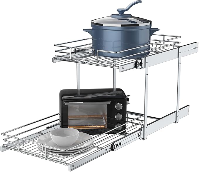 2 Tier Pull Out Cabinet Organizer, 20" W x 21" D Heavy-Duty Metal Sliding Drawer Shelf for Kitchen Cabinets, Chrome, Doesn't Include Door Fittings