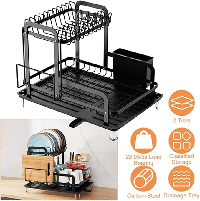 2-Tier Dish Drying Rack for Kitchen with Drainboard Detachable Kitchen Drainer Organizer Set, Metal Sink Organization and Storage Essentials with Utensil Holder Bowl Dish Rack