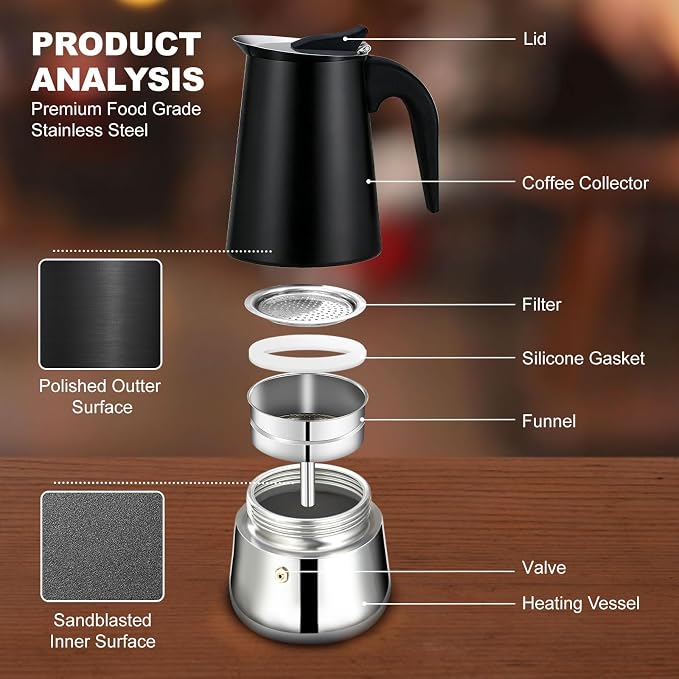 2 Cup Stovetop Espresso Maker Stainless Steel Moka Pot Stove Top Percolator Italian Coffee Makers Capable Mocha Greca Machine Cafe Classic Induction Cookers for Home and Camping 100ml 3.3oz