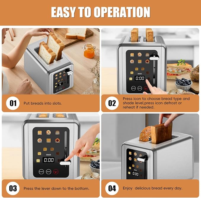 Touch screen Toasters 2 slice,Stainless Steel Digital Timer Toaster with Sound Function,6 Bread Types & 6 Shade Settings,Smart Extra Wide Slots Toaster with Bagel,Defrost Functions,Grey