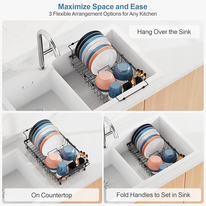 iSPECLE Expandable Dish Drying Rack for Large Kitchen Sink, eavy Duty Adjustable Over Sink Dish Drainer with Square Corners, Rust Resistant with Lock Knob, Fit for Modern Single & Double Sinks, Black