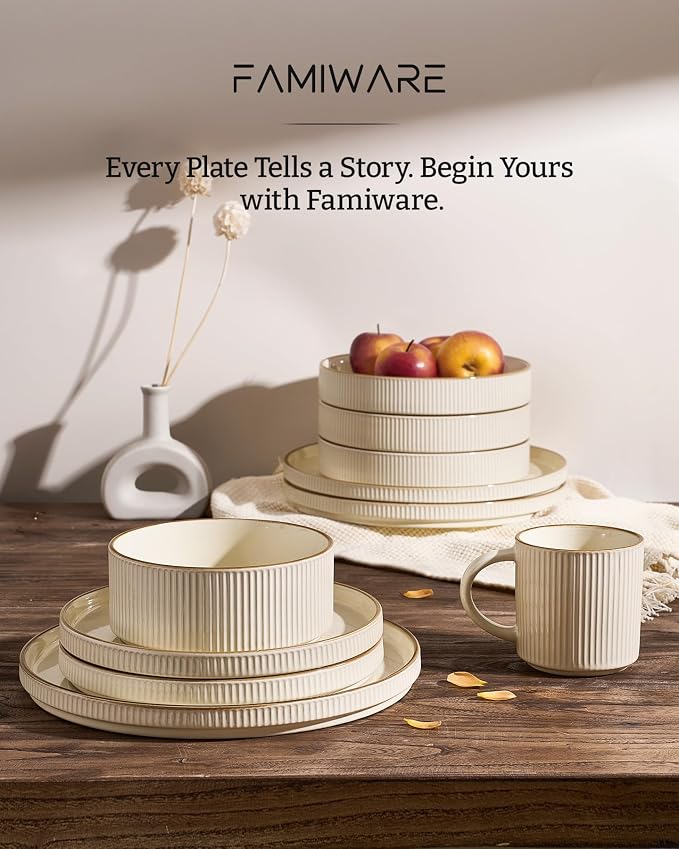 Famiware Star 16-Piece Stoneware Dinnerware Sets with Trim, Service for 4 - Shallow Pasta Bowls & Flat Plates, Modern Rustic Ribbed Dishes, Chip & Scratch Resistant, Microwave & Dishwasher Safe, Cream