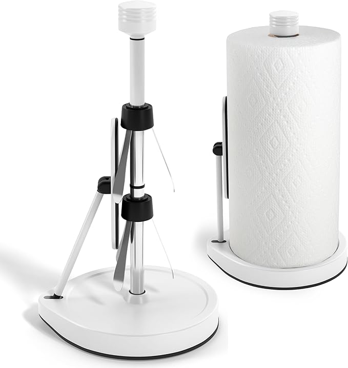 Stainless Steel Tension Arm Paper Towel Holder - Easy One-Handed Operation - This Sturdy Weighted Paper Towel Dispenser Countertop Model Has Suction Cups and Holds All Paper Towel Rolls (White)
