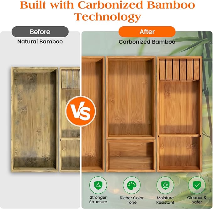 Piklohas Carbonized Bamboo Kitchen Silverwar Drawer Organizer,14.2 inch Length Natural Utensil Flatware Organizers Tray Storage for Spoons Forks & Knives