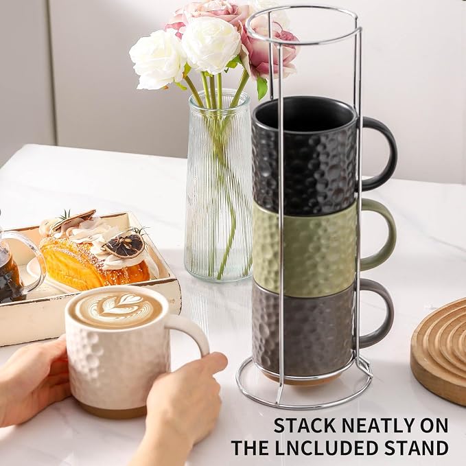 Nihow 16 Oz Ceramic Coffee Mug Set of 4 with Stackable Stand,4 color | Stackable, Stainless Stand Included, Cappuccino & Tea, Hot/Cold Drinks, Dishwasher & Microwave Safe