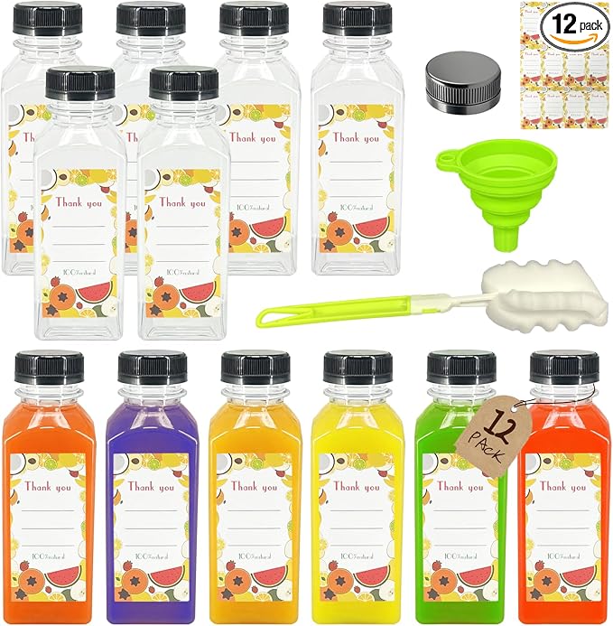 12 Pack 12oz Clear Reusable Plastic Juice Bottles with Caps, Food Grade BPA-Free Leak Proof Juicing Containers with 12 Labels & brush& Silicone Funnels for Homemade Juice, Smoothies & Travel