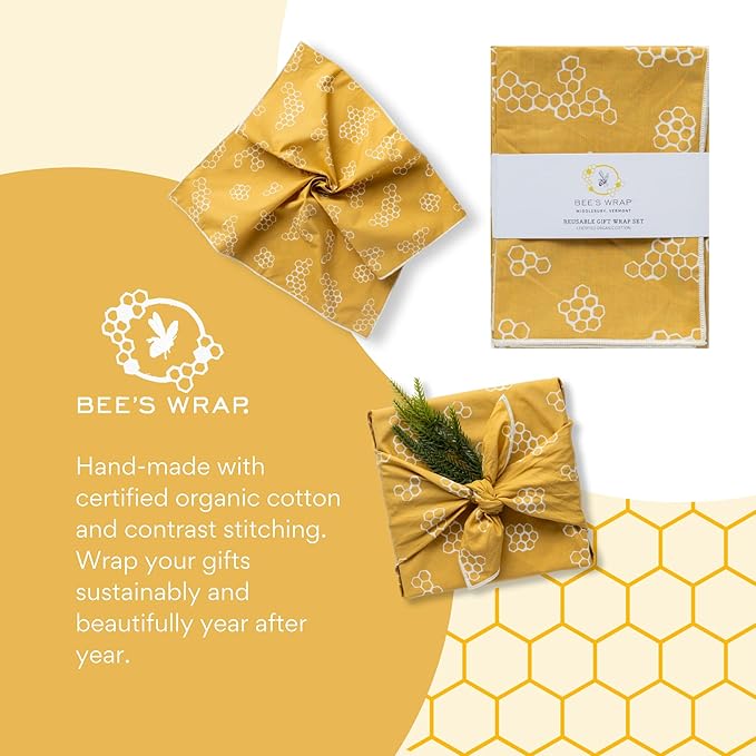 Bee's Wrap Furoshiki Reusable Cotton Fabric Wrapping Paper - Mustard Honeycomb Pack of 4 Gift Wraps - Reusable Wrapping Paper & Gift Wrap