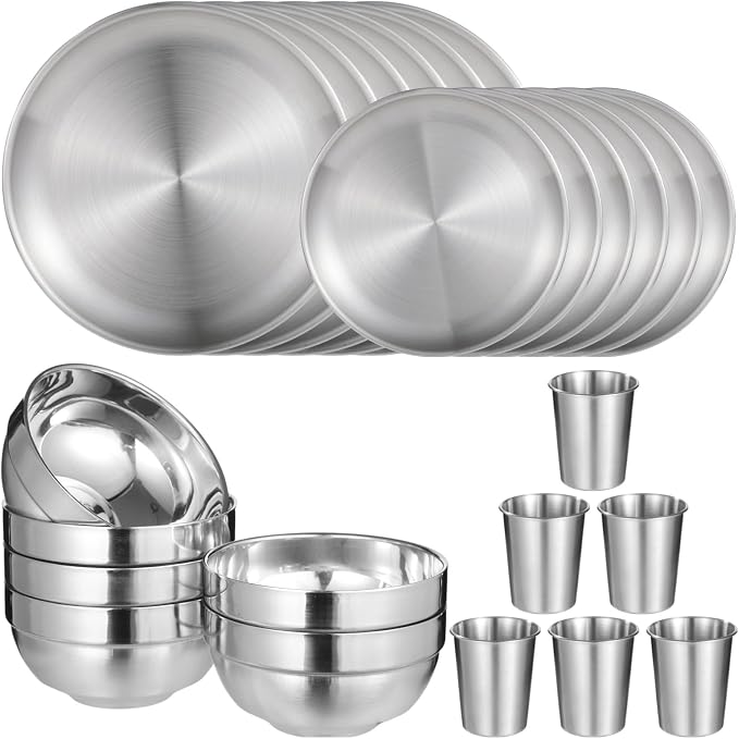 24 PCS Stainless Steel Dinnerware Set, Includes 12PCS 6.7 & 10.2 in Plates, 6 Pieces Bowls and 6 Pieces Cups, 304 Reusable Camping Mess Kits for Home Kitchen, Dorm and Outdoor Picnic (Silver)