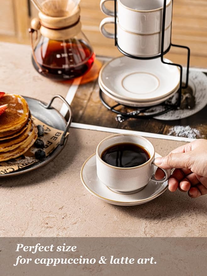 Gomakren 6 Ounce Cappuccino Cups with Saucers and Metal Stand, Stackable Coffee Cup Set of 4, Father's Day Porcelain Espresso Cups for Coffee Drinks, Cappuccino, Latte, Americano, Tea, White