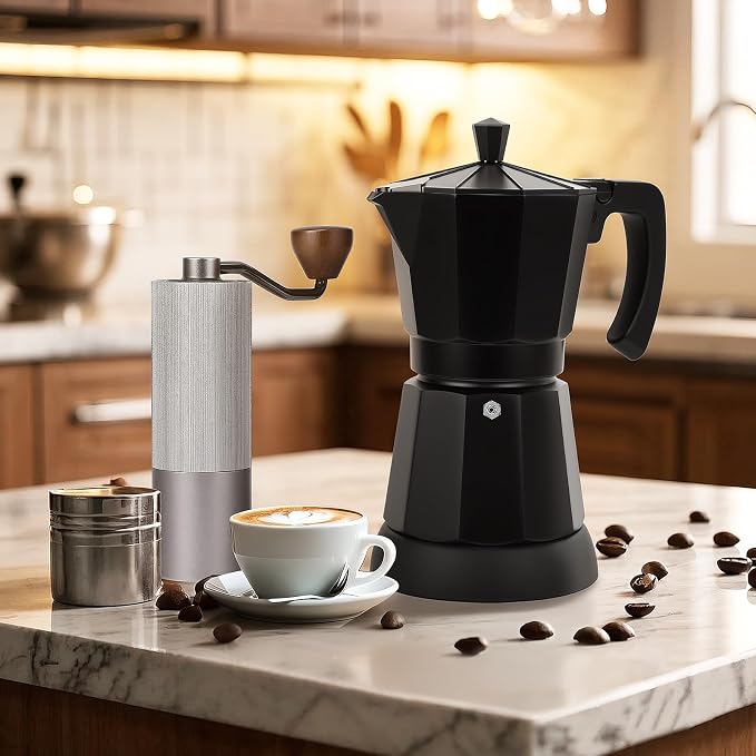 Black Aluminum Electric Moka Pot, 3 or 6 Cups Espresso Maker with Dose Reduction Plate